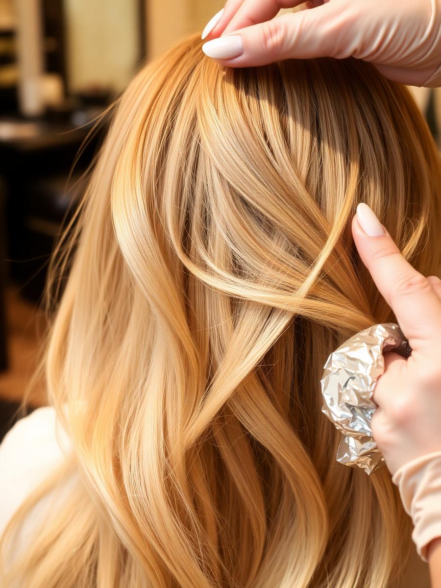 Detal koloryzacji balayage — dłonie stylistki i pasma blond